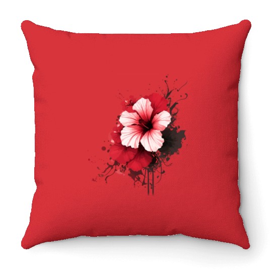 A red hibiscus flower ink drawing Throw Pillows