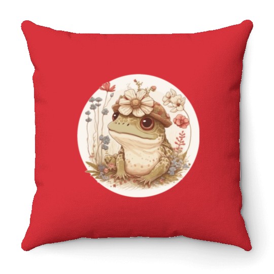 Cottagecore Cute Frog Toad Flower Crown Dark Acade Throw Pillows