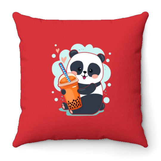 Kawaii Panda Anime Boba Drink Bubble Tea Tapioca Throw Pillows