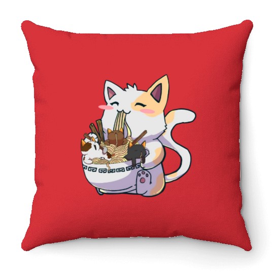 Kawaii Neko Cat Ramen Bowl Anime Japanese Noodles Throw Pillows