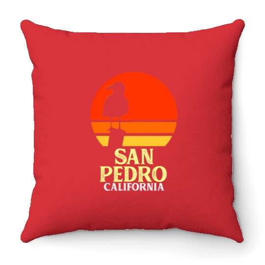 San Pedro California Beach Seagull Throw Pillows