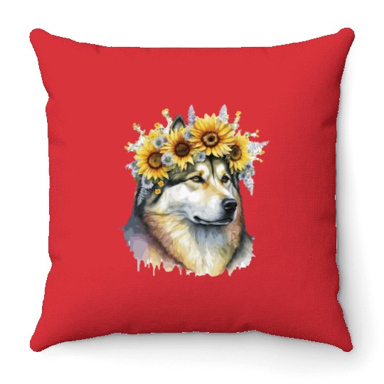 Cute Alaskan Malamute Sunflower Dog Breed Pet Pupp Throw Pillows