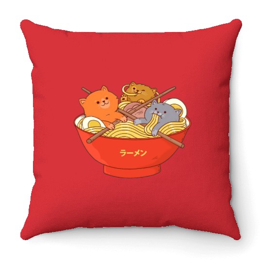 Kawaii Anime Cat Japanese Ramen Noodle Throw Pillows