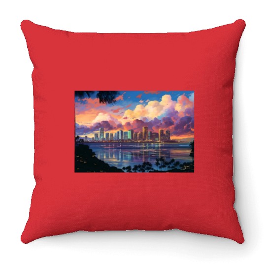 Anime Honolulu A Vibrant Anime Inspired Skyline Throw Pillows