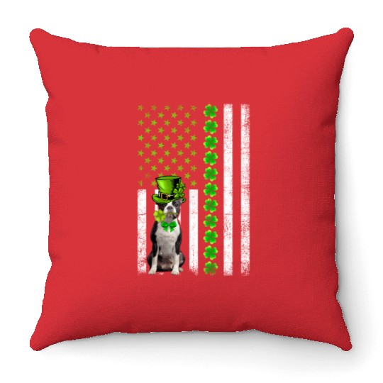 American Flag Boston Terrier Dog St Patric Day Throw Pillows