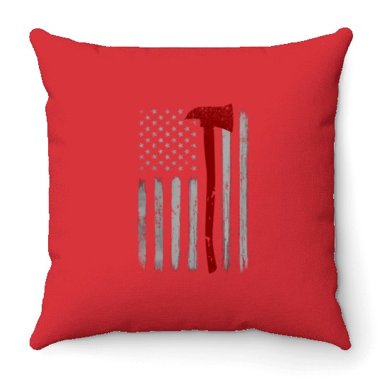 Thin Red Line Patriotic Firefighter Usa Flag Axe Throw Pillows