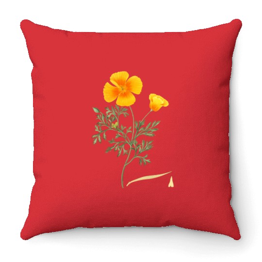 Californian Poppy Botaal Illustration Flower Throw Pillows