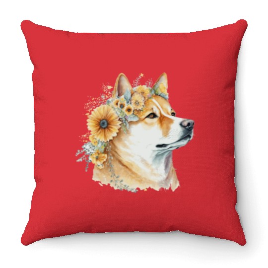 Watercolor Shiba Inu Sunflower Dog Breed Pet Puppy Throw Pillows