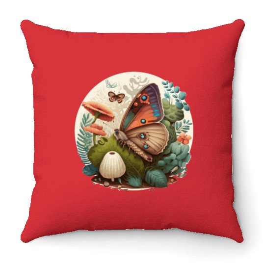 Cottagecore Butterfly Mushroom Plants Botanic Herb Throw Pillows