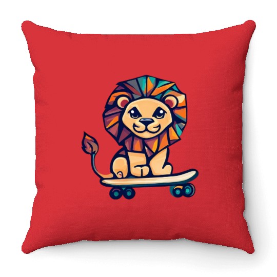 Cubist lion on skateboard Throw Pillows