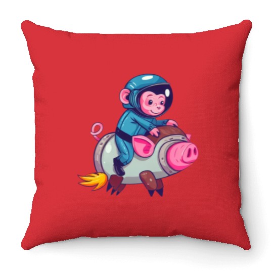 Pig and Monkey as Astronauts Throw Pillows