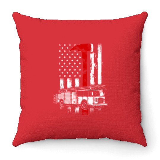 American Firefighter Fire Truck Red Axe Flag Throw Pillows