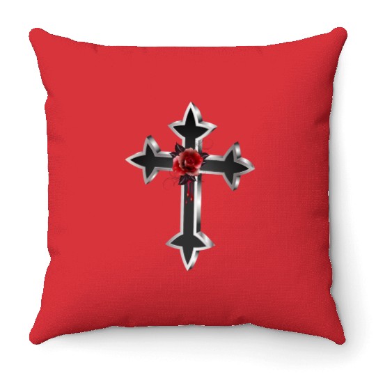 black silver colored gothic cross with red rose Throw Pillows