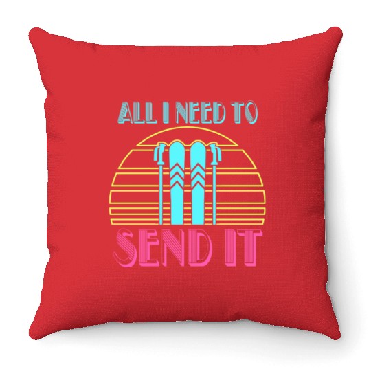 Retro Neon Send It Skiing Freestyle Skiers Ski Throw Pillows