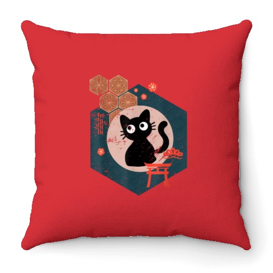 Black Cat Lover japanese kitten anime tokyo otaku Throw Pillows