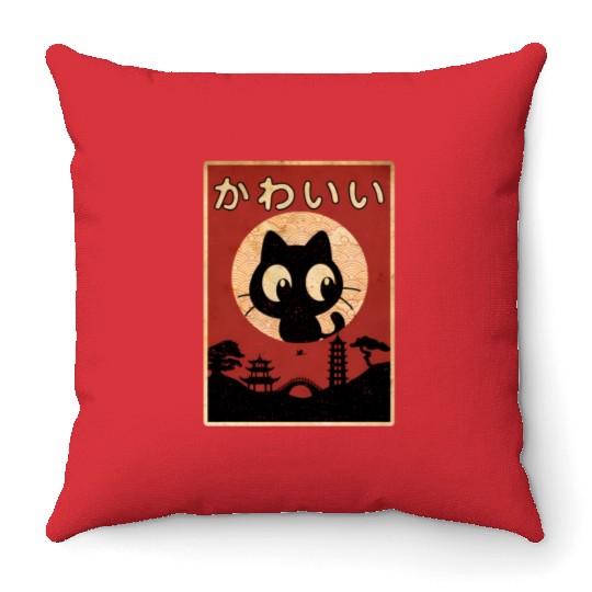 Vintage Kawaii Cat Japanese Black Anime Throw Pillows