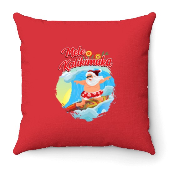In July Santa Surfing Mele Kalikimaka Throw Pillows