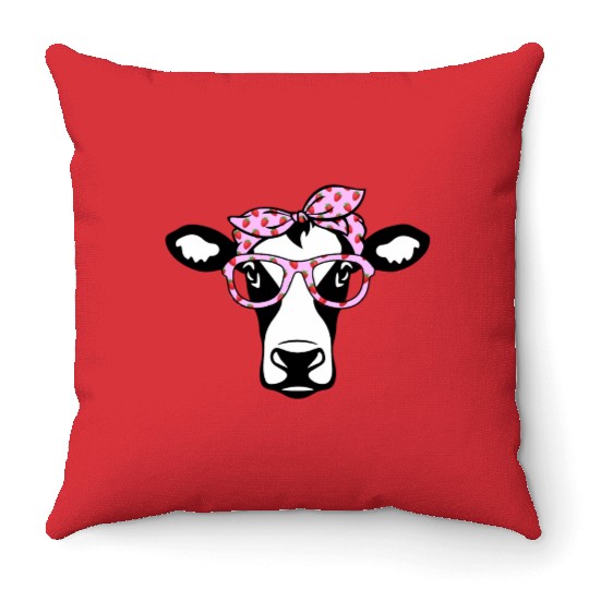 Cow With Bandana Glasses Strawberry Cattle Heifer Throw Pillows