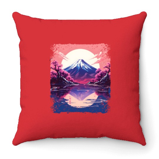 Vaporwave Aesthetic Japan Sight Mount Fuji Volcano Throw Pillows