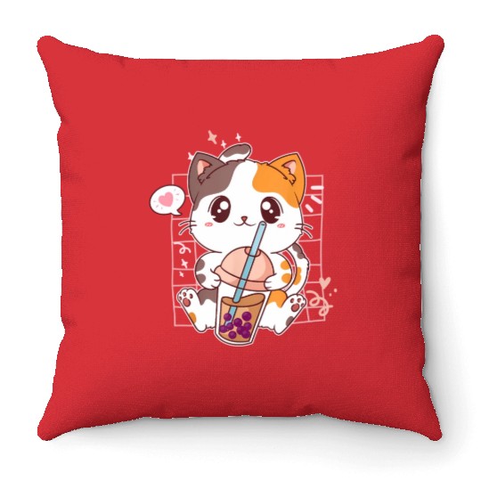 Cat Boba Tea Bubble Tea Kawaii Anime Japanese Throw Pillows