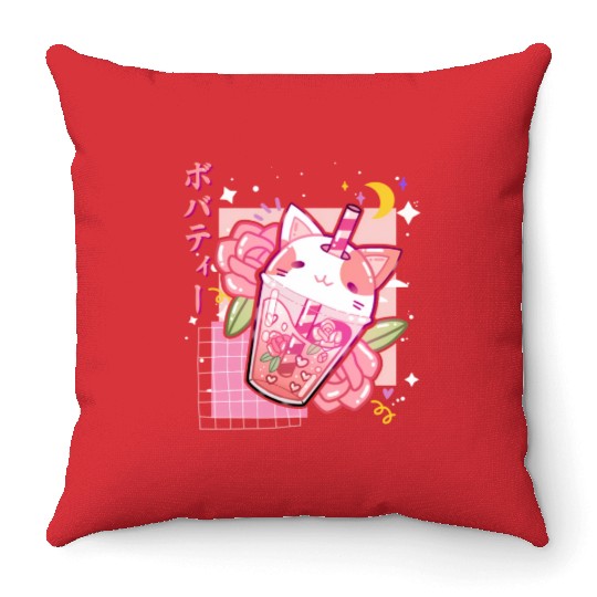 Boba Tea Cat Bubble Tea Kawaii Anime Japanese Throw Pillows
