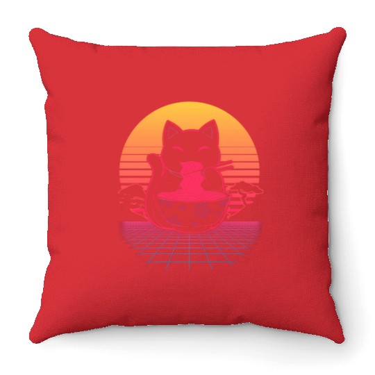 Kawaii Ra Neko Retro Cat Japanese Noodle Anime Throw Pillows