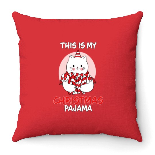 This Is My Christmas Pajama Cat In Candy Canes Throw Pillows