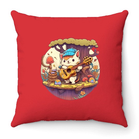 Cute Kawaii Cat Playing Guitar Banjo On Log Throw Pillows