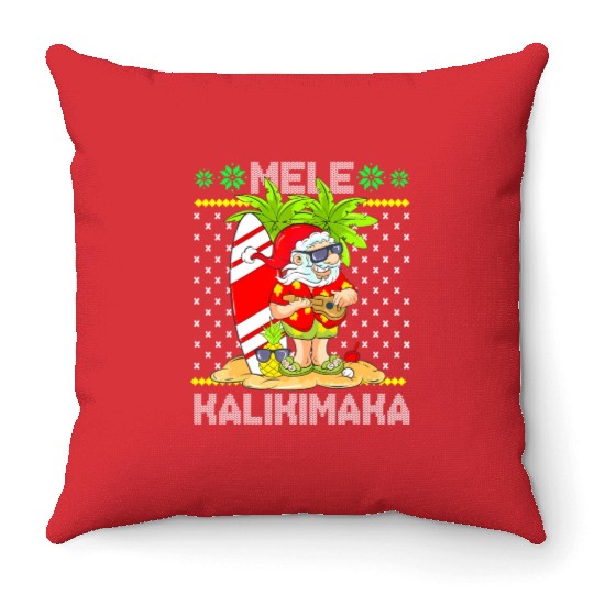 Mele Kalikimaka Santa Claus Surfer Guitar Throw Pillows