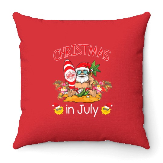 Christmas In July Funny Santa Surfing Summer Throw Pillows