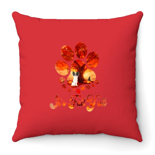 Papillon Paw Autumn Halloween It's Fall Y'all Throw Pillows