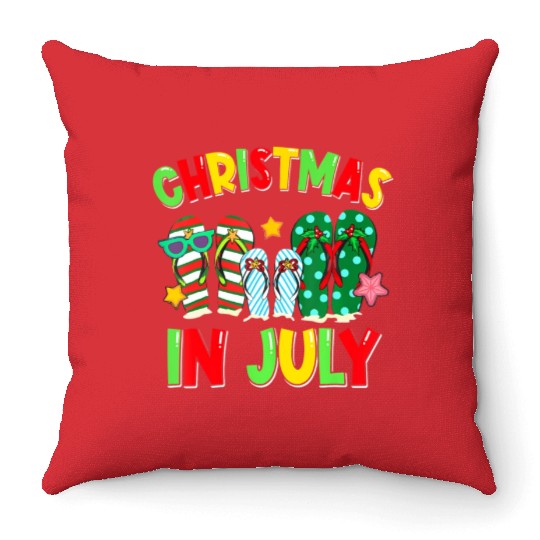 Christmas in July Flip Flops Summer Vacation Throw Pillows