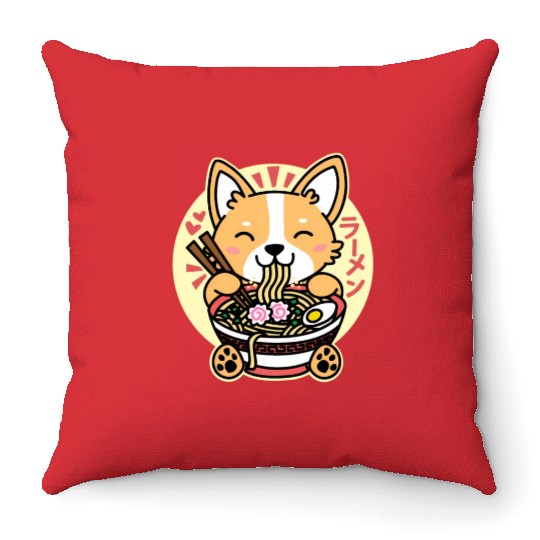 Kawaii Ramen Anime Dog Corgi Japanese Noodles Throw Pillows