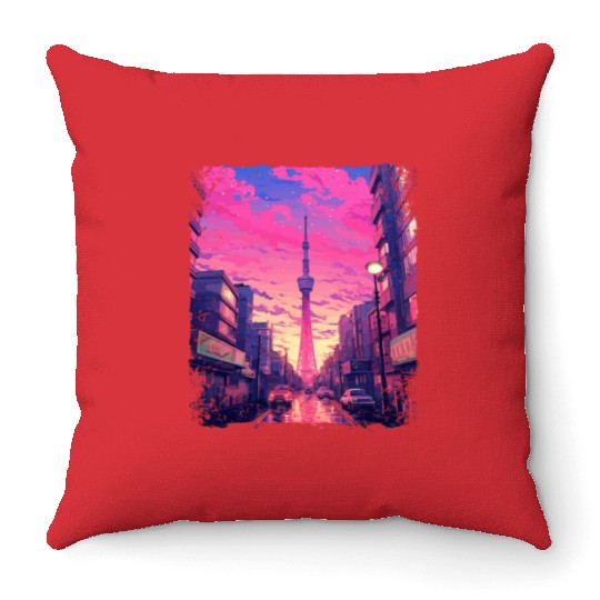 Skytree Tokyo Vaporwave Aesthetic Japanese Sight Throw Pillows