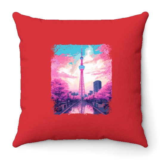 Aesthetic Skytree Tokyo Vaporwave Japanese Sight Throw Pillows