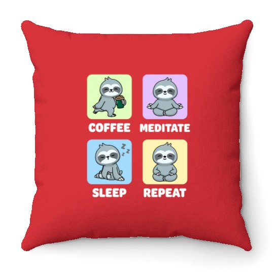 Sloth Coffee Meditate Sleep Repeat Kawaii Throw Pillows