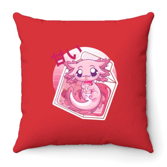 Axolotl Pastel Goth Strawberry Milk Shake Anime Ja Throw Pillows