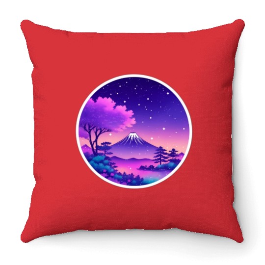 Japan Mount Fuji Night Sky Lo-Fi Art Retro Purple Throw Pillows