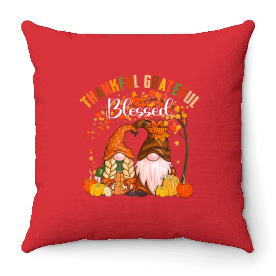 Thankful Grateful Blessed Gnomes Fall Autumn Throw Pillows