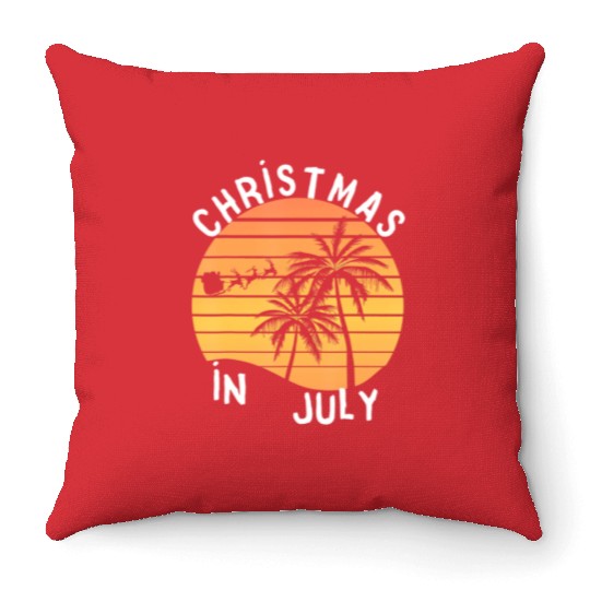 Christmas In July Santa Sledge Sunset Palm Summer Throw Pillows