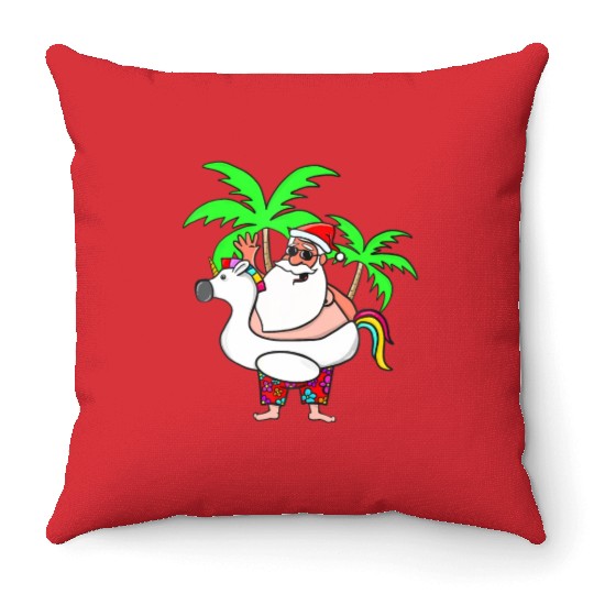 Christmas In July Santa on Vacation Unicorn Pool Throw Pillows