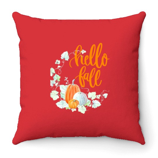 Hello Fall, Autumn leaves, Pumpkins and fall Throw Pillows