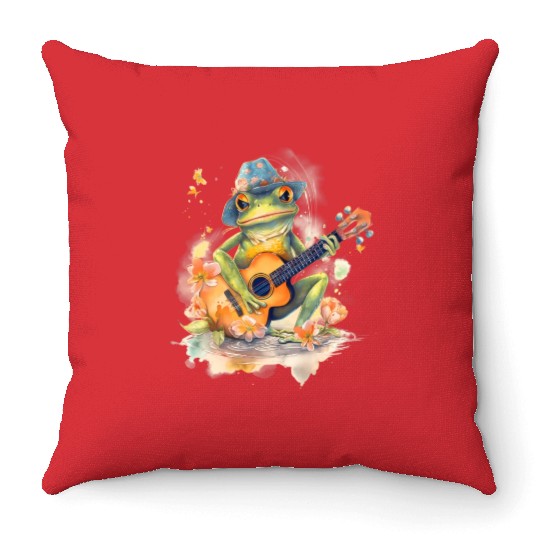 Cottagecore Aesthetic Frog Playing Banjo Guitar Throw Pillows