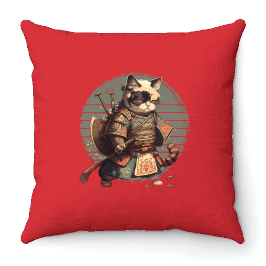 Samurai Cat Warrior Japanese Ninja Cat Kawaii Throw Pillows