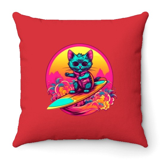 Cool Retro Surfing Cat Throw Pillows