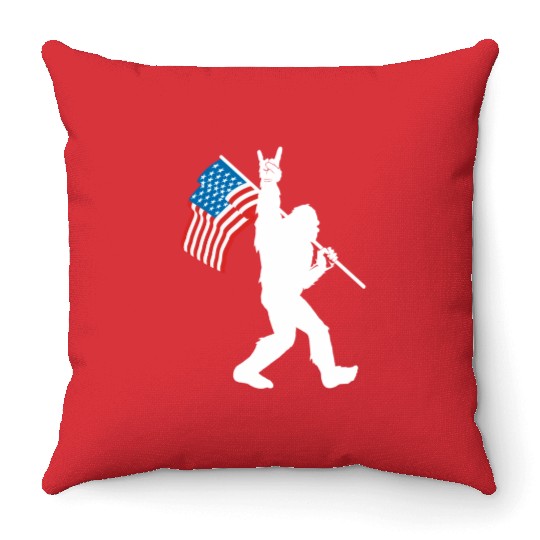 Bigfoot Rock And Roll Usa Flag For Sasquatch Belie Throw Pillows