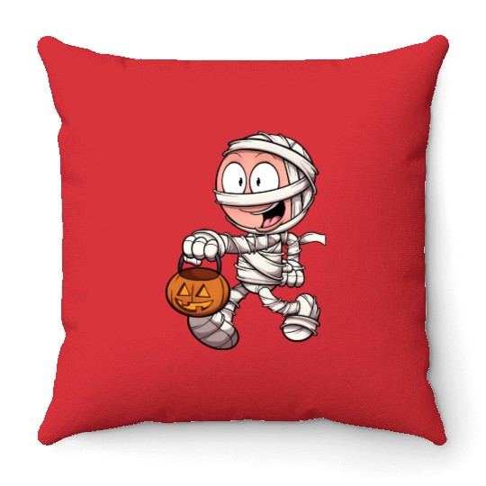 Kid In Mummy Costume Trick Or Treating Throw Pillows