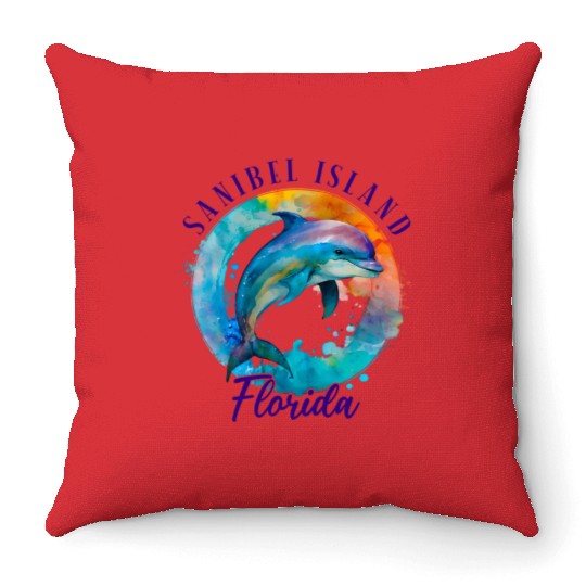 Sanbiel Island Florida Happy Watercolor Dolphin Throw Pillows