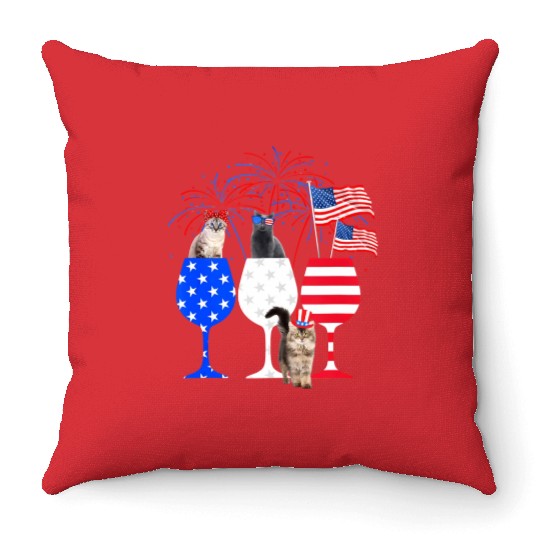 Cat 4Th Of July Red White Blue Wine Throw Pillows