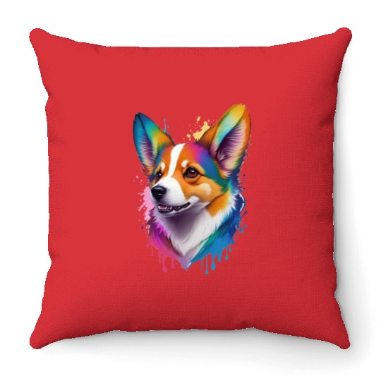 Colourful rainbow realistic Welsh Corgi dog Throw Pillows